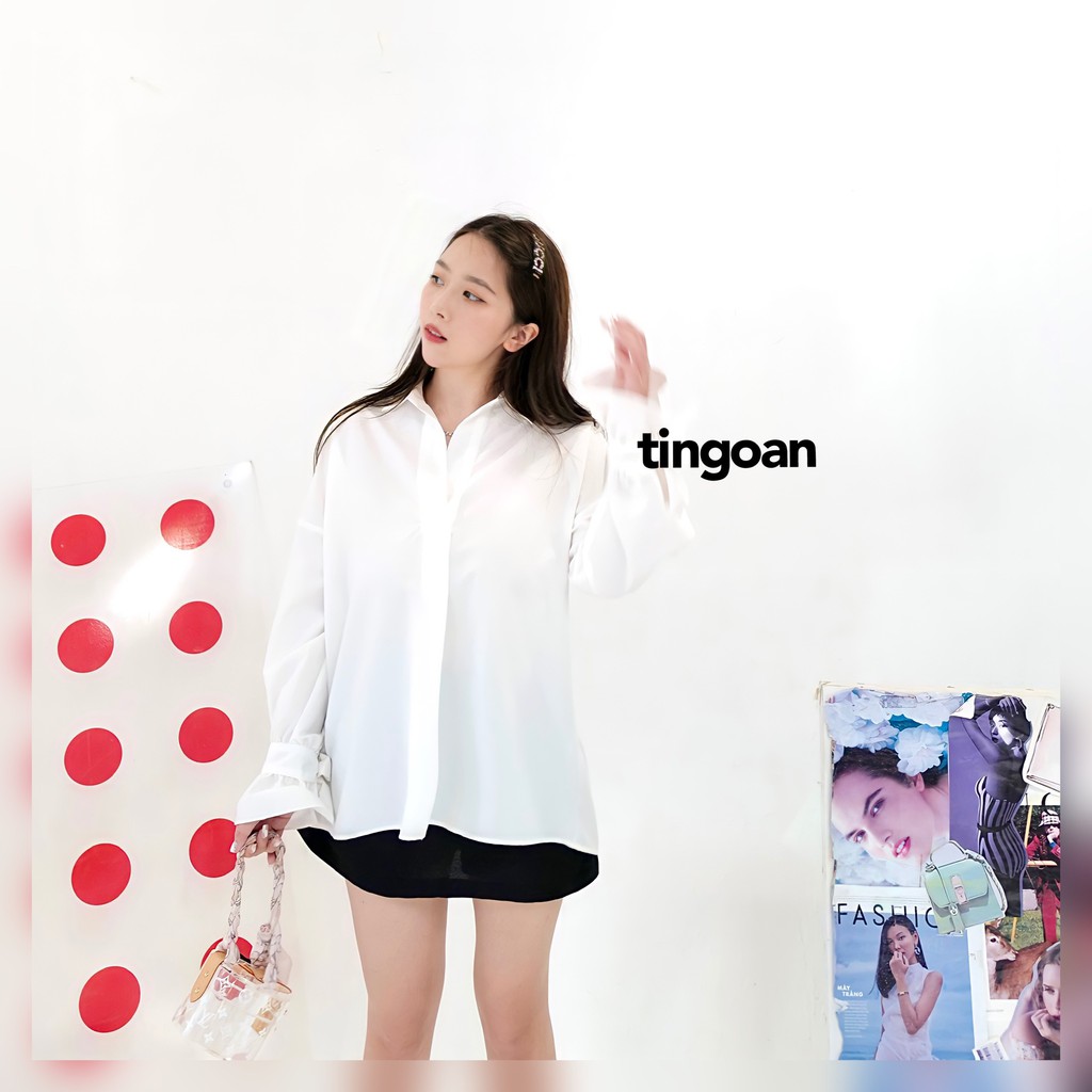 Áo sơmi cổ đổ tay nơ chống nhăn trắng tingoan LONDON BLOUSE BASIC FREESIZE/WH