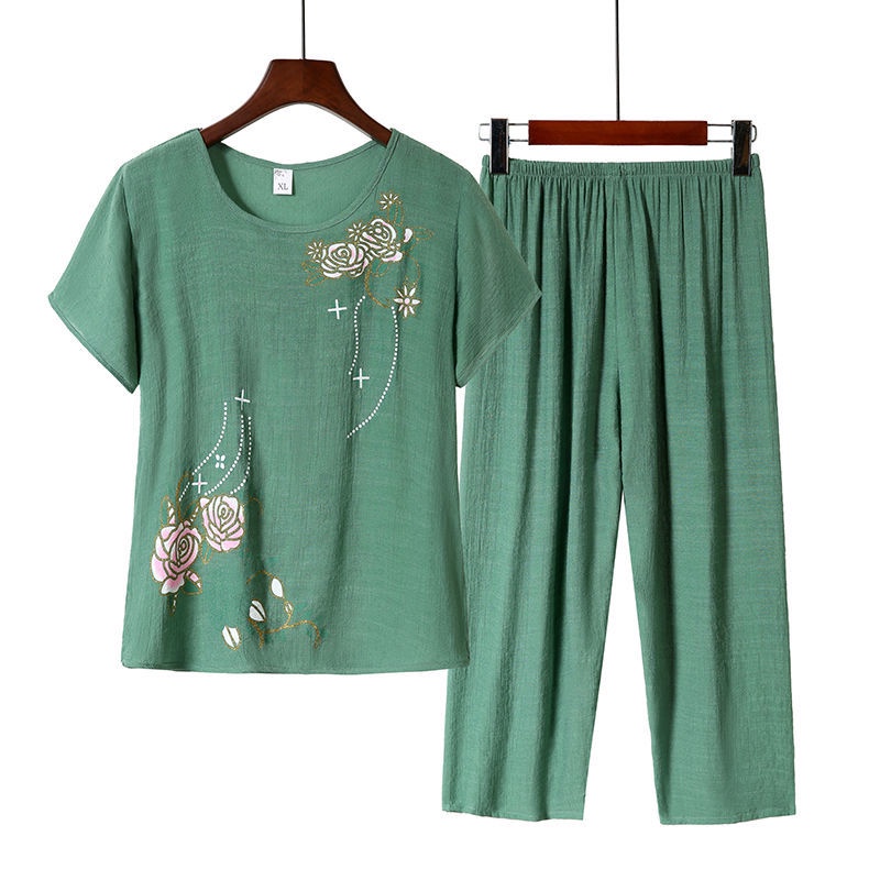 Quần áo nữ cỡ lớn mới dành cho mùa hè, bộ hai mảnh vải lanh và cotton rộng rãi cho người trung niên và cao tuổi