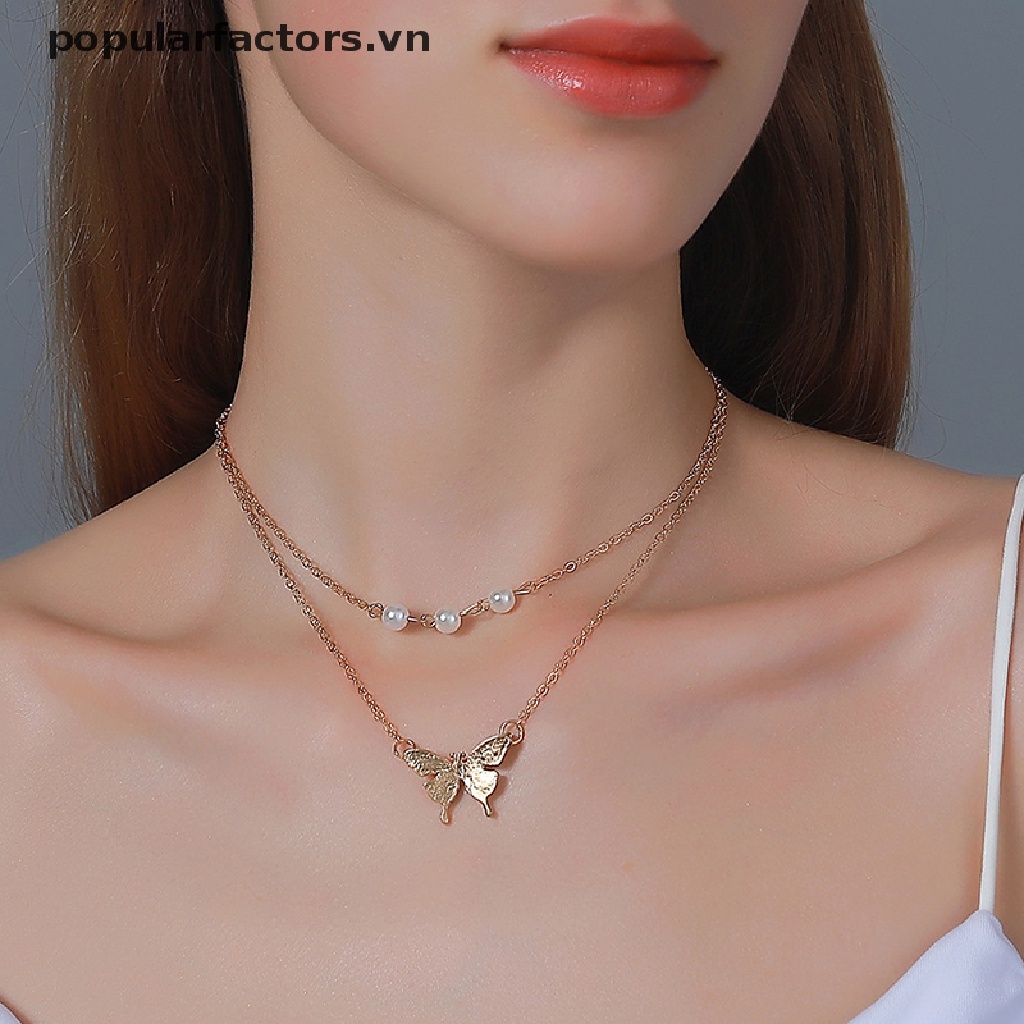 Vòng cổ Nhiều Lớp Mặt Hình Bướm Và Ngọc Trai Thời Trang