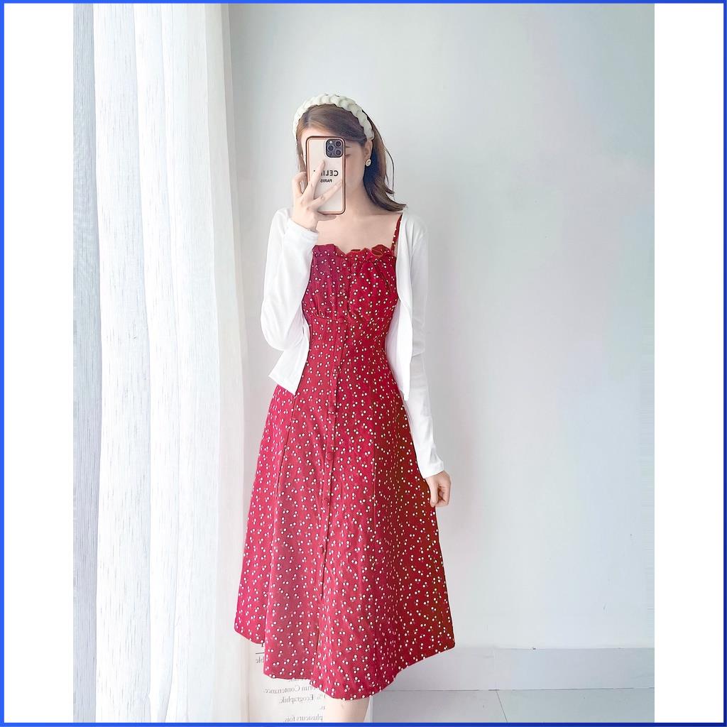 Đầm 2 dây hoa nhí ANVI Set váy đầm nữ dáng dài xòe đỏ và áo khoác cardigan croptop dài tay vải len mềm đẹp
