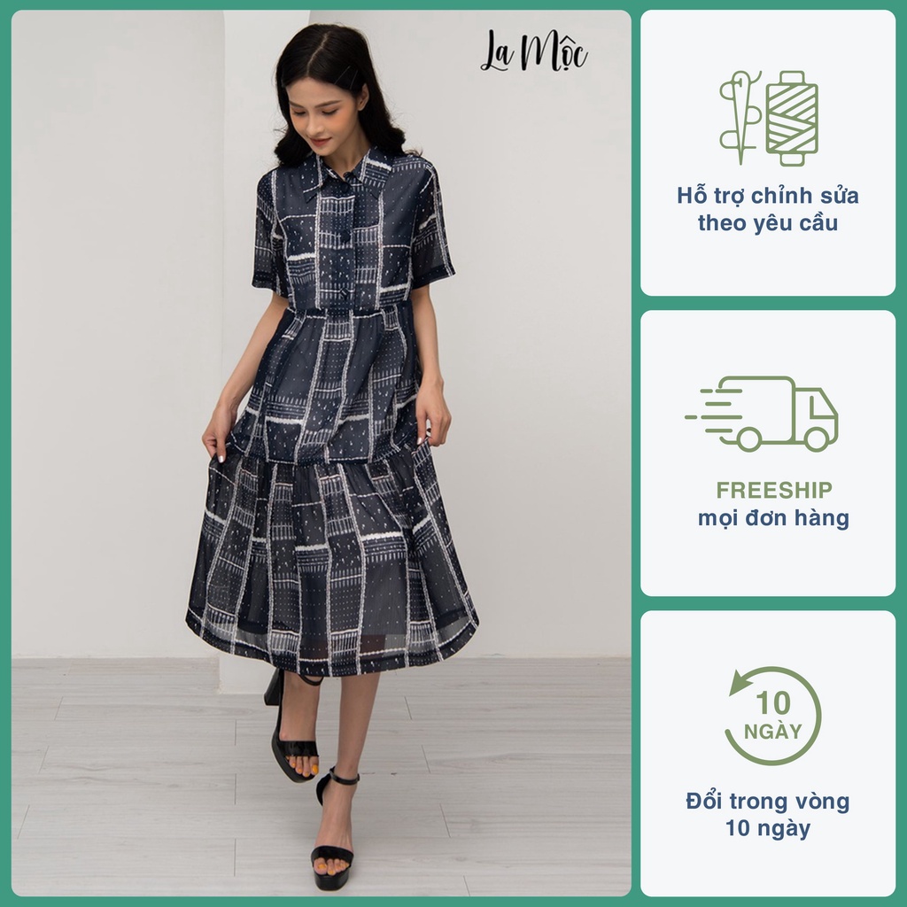 Đầm công sở, váy nữ đẹp LA MỘC, sọc vuông, cổ trụ, váy dự tiệc chất liệu satin lụa hàn