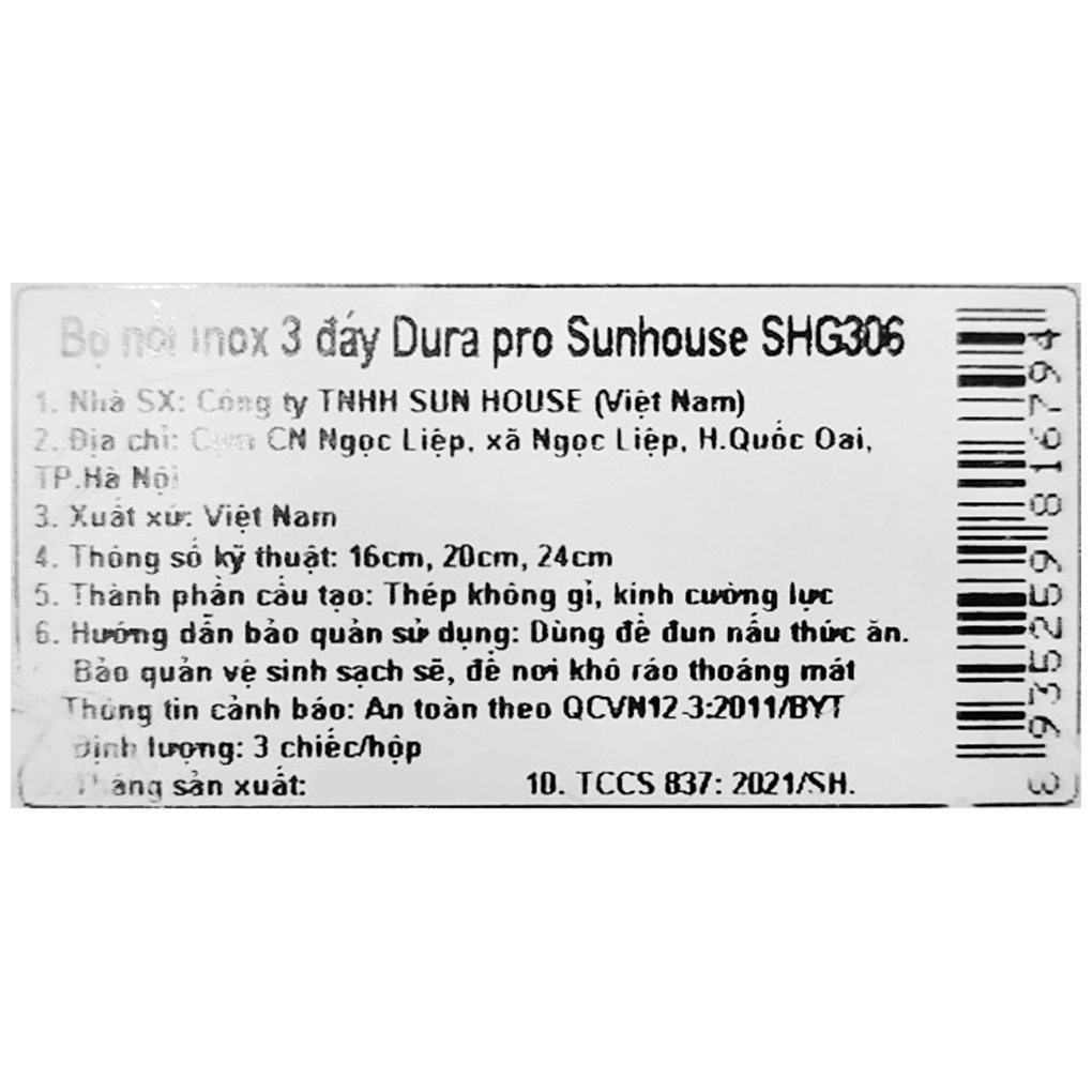 Bộ 3 nồi inox 3 đáy Dura Pro SUNHOUSE SHG306 16-20-24cm (Dùng mọi loại bếp)