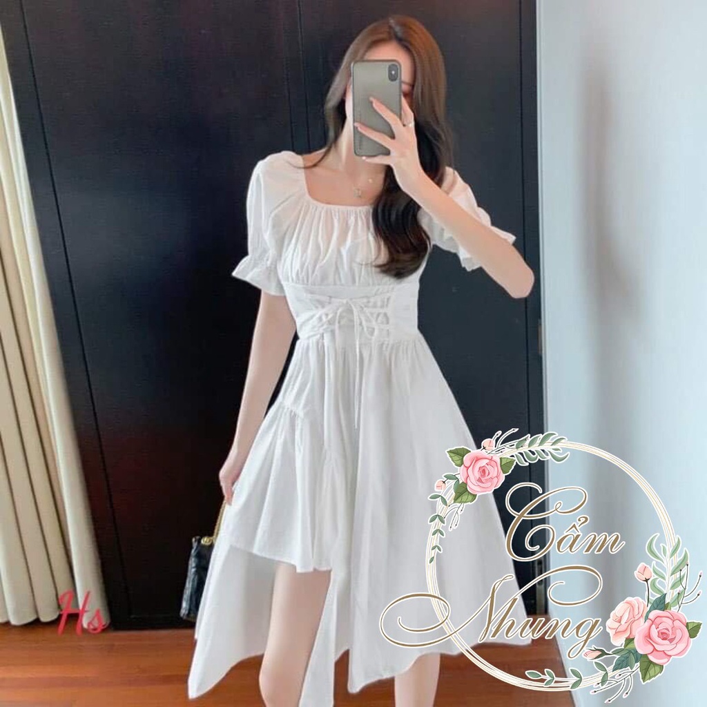 Váy tiểu thư đan dây bụng lệch tầng xẻ tà CAMNHUNG