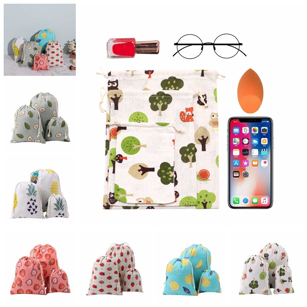 Túi dây rút bằng vải lanh cotton chống bụi in họa tiết trái cây dùng đựng đồ trang điểm
