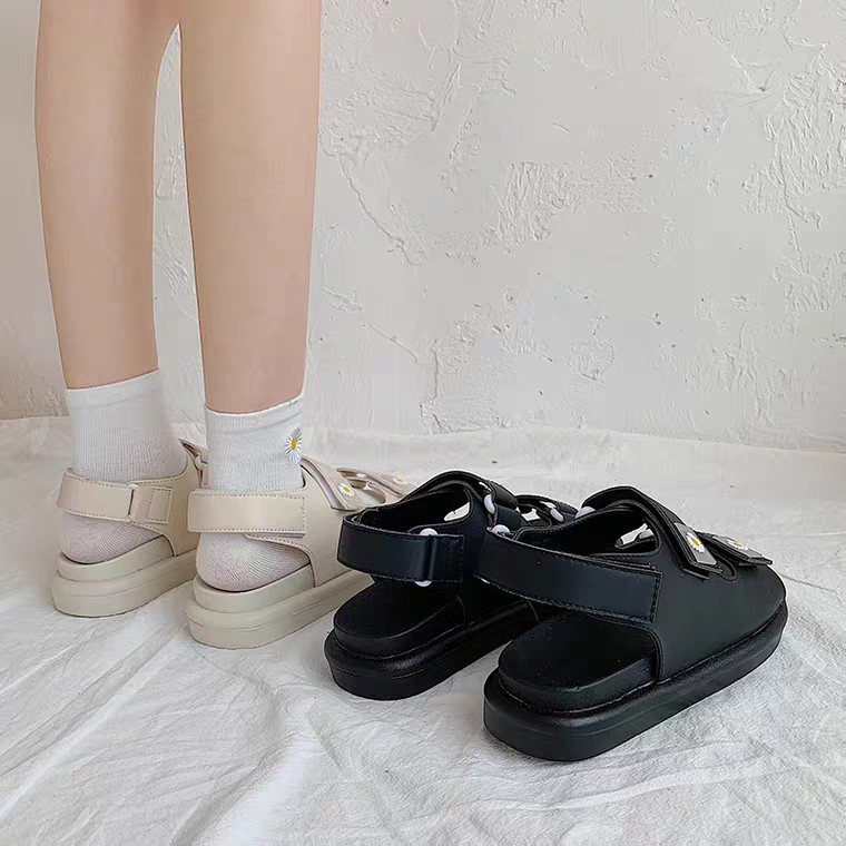 [HOT 2020] Sandal nữ hoa cúc Ulzzang quai ngang đơn giản đi mưa đế nâng độn cao 3cm đẹp màu xanh/be/đen trend mùa hè mới