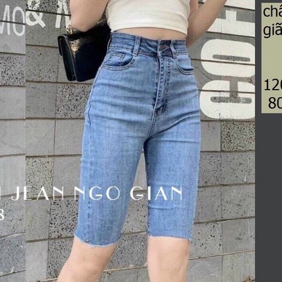 Quần ngố nữ đơn giản chất vải denim co dãn lưng cao, quần lửng nữ hai màu xanh đậm xanh nhạt T-FASHION 24H NN01