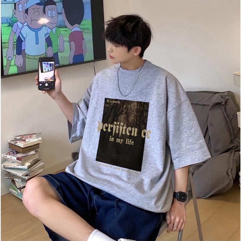 【Chất Lượng Cao】Áo Thun Tay Ngắn Dáng Rộng Mềm Mại In Hình Hành Tinh Bea Kiểu Retro Thoải Mái Phong Cách Sinh Viên Cho Nam