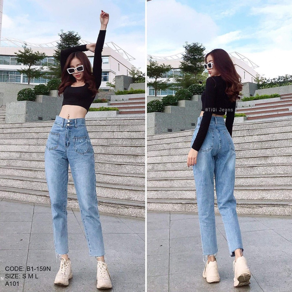 Quần jeans nữ 2 khuy dọc cạp cao ống đứng