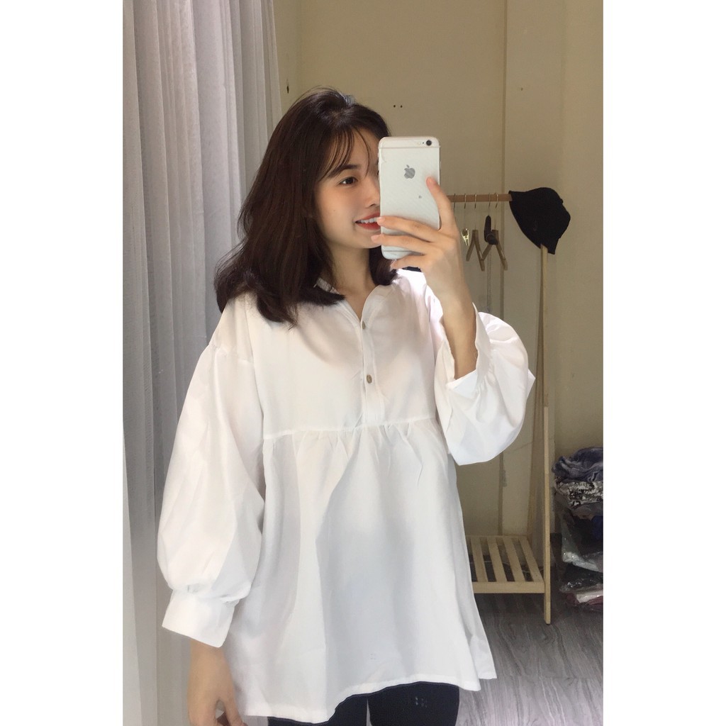 Áo sơ mi nữ babydoll form rộng oversize , Sơ mi trắng nữ giấu quần tay bồng cúc gỗ 7lucky | BigBuy360 - bigbuy360.vn