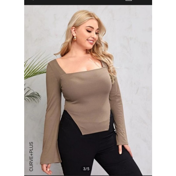 Áo kiểu bigsize màu nude cổ vuông xẻ tay áo
