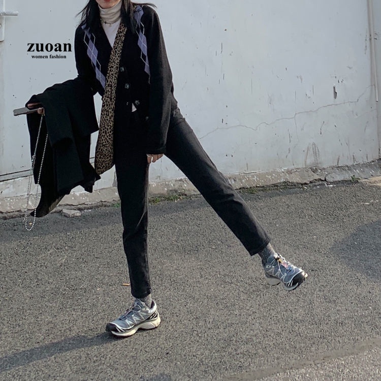 SUXI Quần jean dài lưng cao ống rộng màu đen phong cách Hàn Quốc trẻ trung hợp thời trang