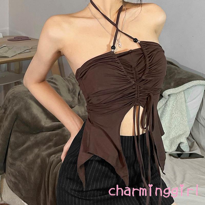 Áo Crop Top Màu Trơn Dây Rút Cổ Độc Đáo Thời Trang Cho Nữ