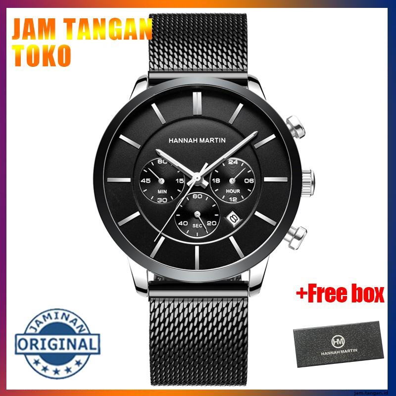 Đồng hồ NAM Men's Watches Hannah Martin 100% Original Fashion Casual Chronograph Aktif Waterproof Quartz Stainless steel mesh Boy Watch COD Gentleman Wrist watches Ready Stock Holiday Gift 120M