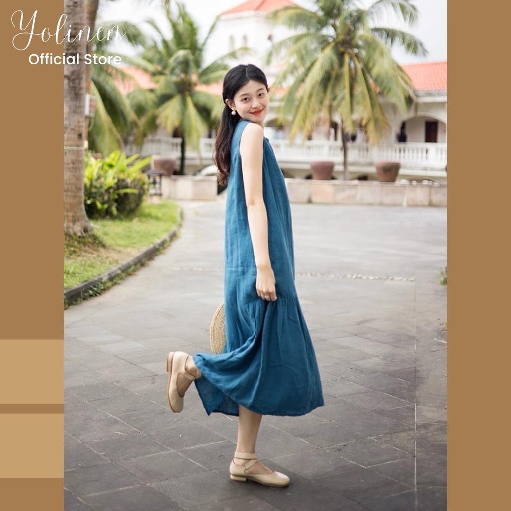 Đầm dài không tay form rộng YOLINEN màu xanh lông công, chất vải linen Hàn mềm mát