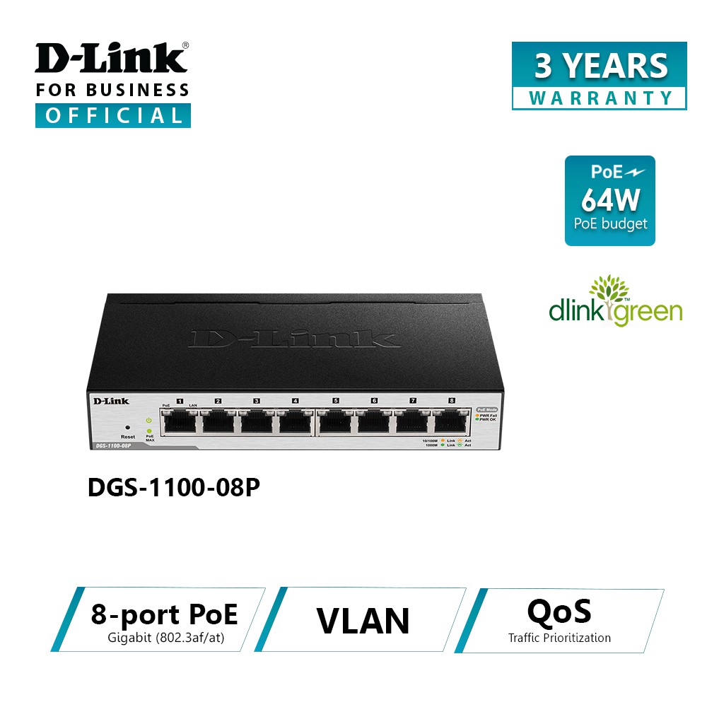 8-Port Layer 2 Lite Smart Managed Gigabit PoE Switch D-Link DGS-1100-08P