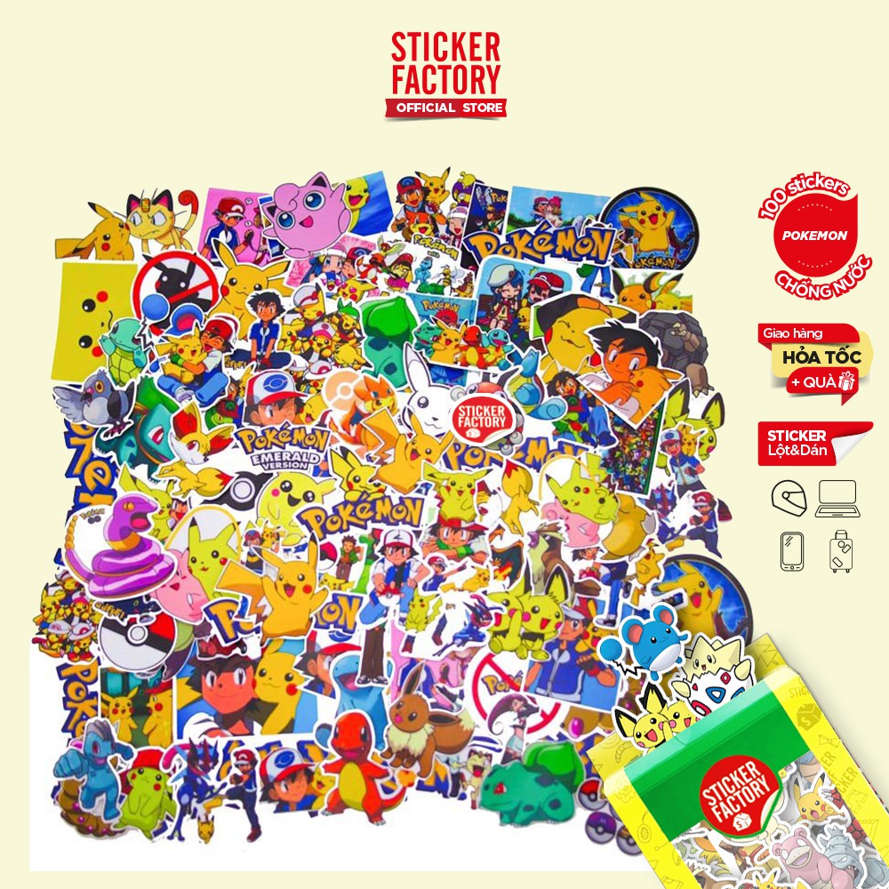 Pokemon - set 100 sticker decal hình dán dễ thương Sticker Factory trang trí nón bảo hiểm , laptop, xe máy, ô tô