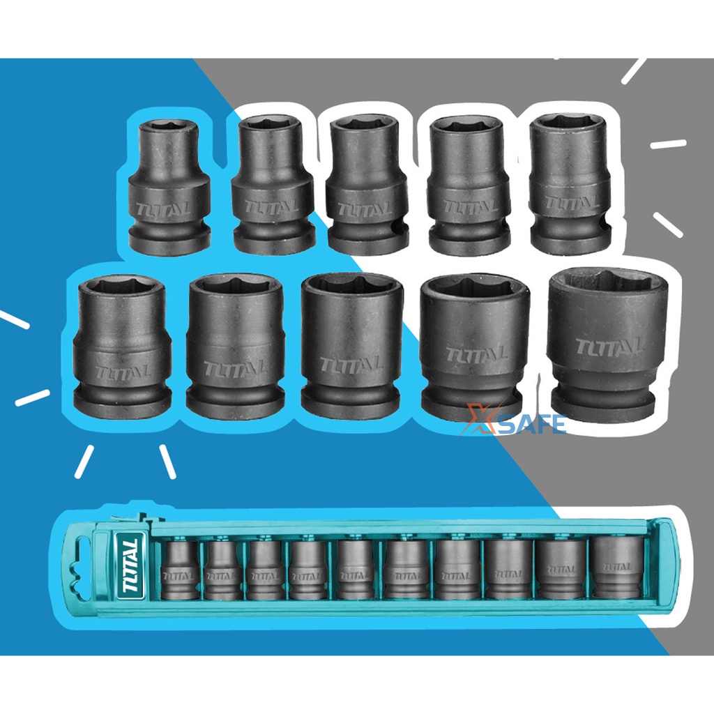 Bộ 10 đầu tuýp Impact DR TOTAL THISTD12101 1/2&quot; dài 38mm kích thước đa dạng 10-24mm Bộ đầu tiếp chất liệu thép CrMo