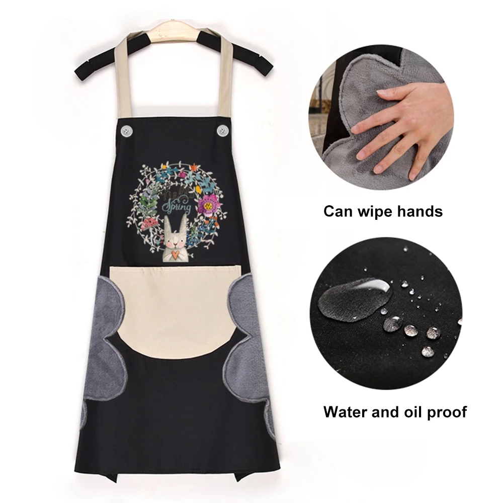 Tạp dề dáng dài chống nước chống dầu họa tiết vòng hoa hoạt hình có thể lau chùi điều chỉnh đa năng cho nữ