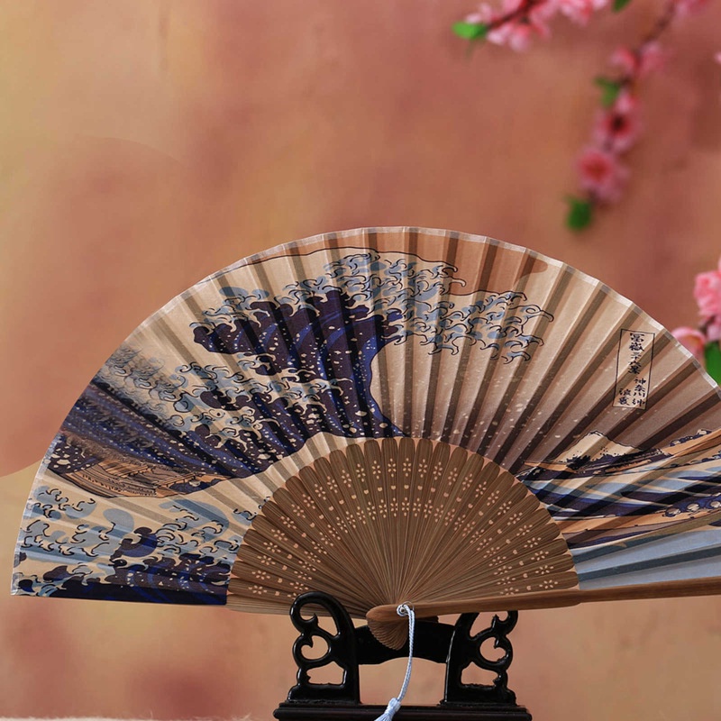 Quạt Cầm Tay Gấp Gọn Bằng Lụa Họa Tiết Sóng Biển Fuji Kanagawa Phong Cách Nhật Bản Trang Trí Tiệc Cưới