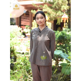 Bộ đồ phật tử 5 nút vải cao cấp thêu hoa dáng thanh lịch