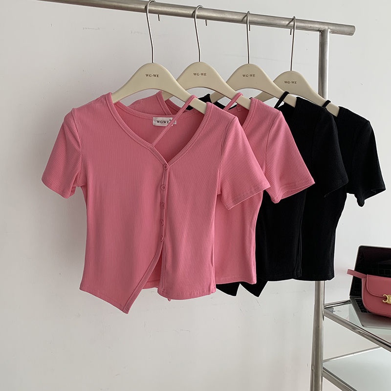Áo Thun Tay Ngắn Dáng Ôm Xẻ Tà Kiểu Hàn Quốc Thời Trang Mùa Hè Cho Nữ