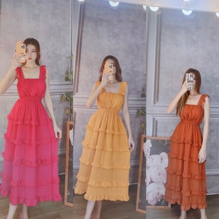 Đầm maxi voan phối tầng bo eo, Đầm đi biển + Ảnh thật mẫu mặc