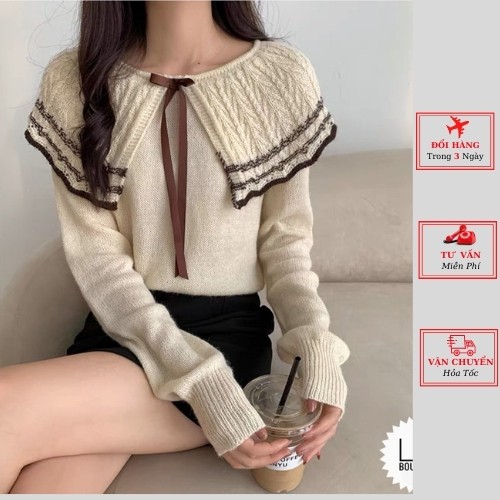 Áo len lông thỏ nữ công sở cổ nơ bèo viền ulzzang Hàn Quốc phong cách tiểu thư bánh bèo