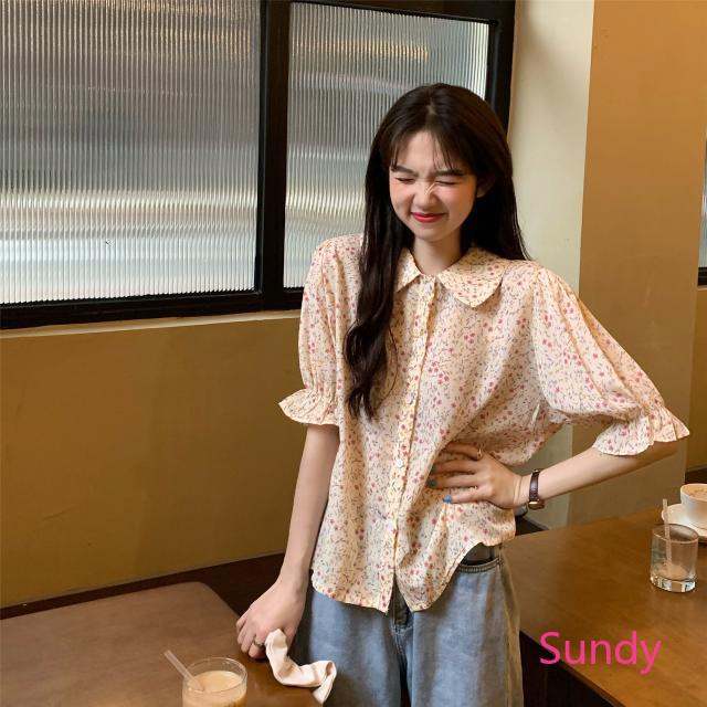 Áo sơ mi voan tay ngắn cố áo búp bê họa tiết hoa thời trang mùa hè dành cho nữ