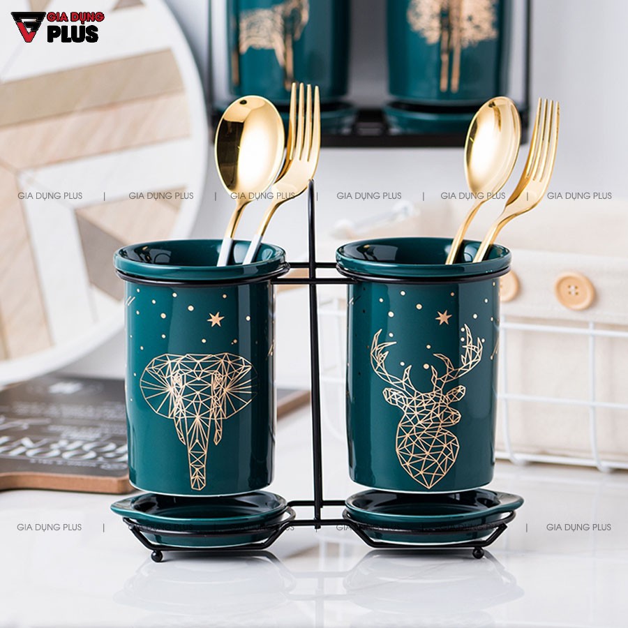 Hộp đựng đũa sứ, thìa, muỗng sứ dán tường &amp; đặt bàn - màu xanh ngọc lục bảo (xanh cổ vịt)