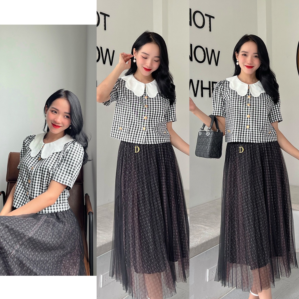Áo kẻ caro cổ lượn sóng