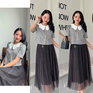 Áo kẻ caro cổ lượn sóng
