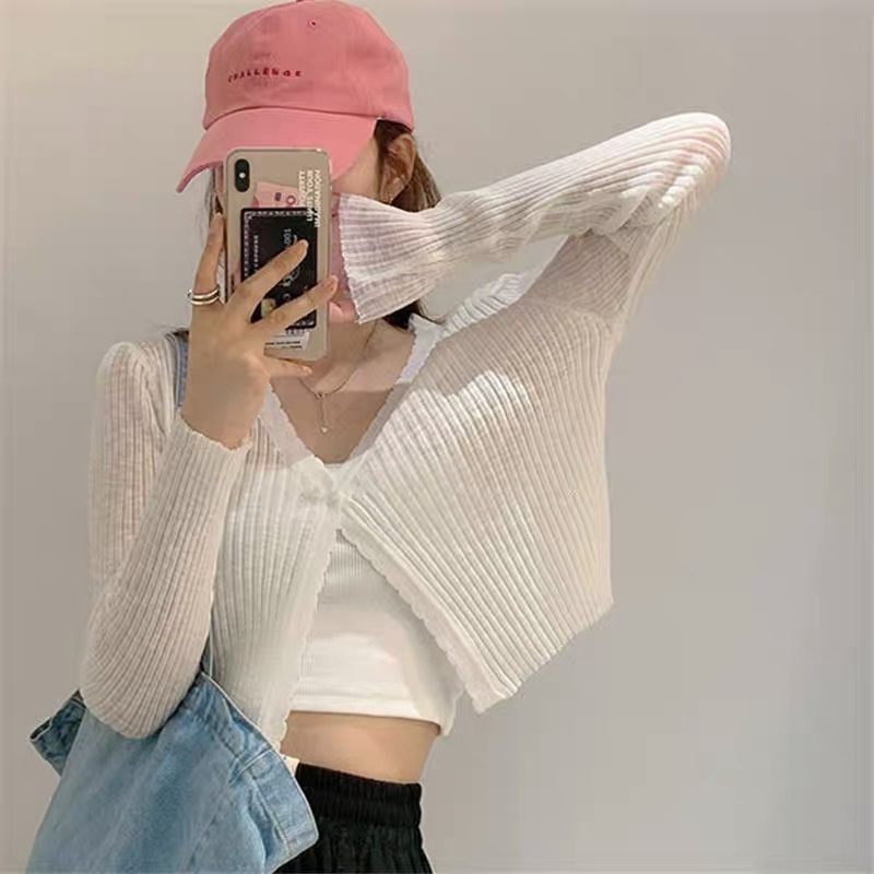 Áo khoác dệt kim mỏng dài tay cổ V forgirl kiểu dáng croptop