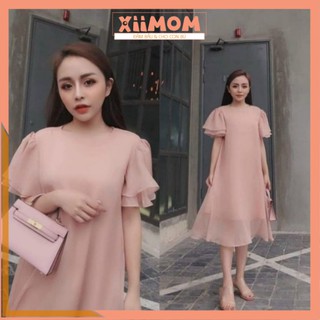 Váy bầu công sở - đầm bầu voan 2 lớp trơn tay bèo cộc freesize tới 70kg BN37 - Xiimom