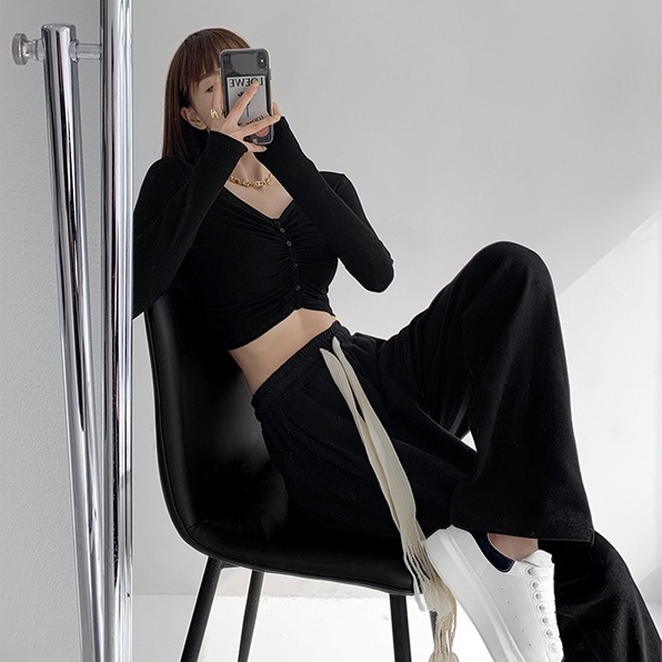 Quần dài lưng cao ống rộng thời trang năng động dành cho nữ