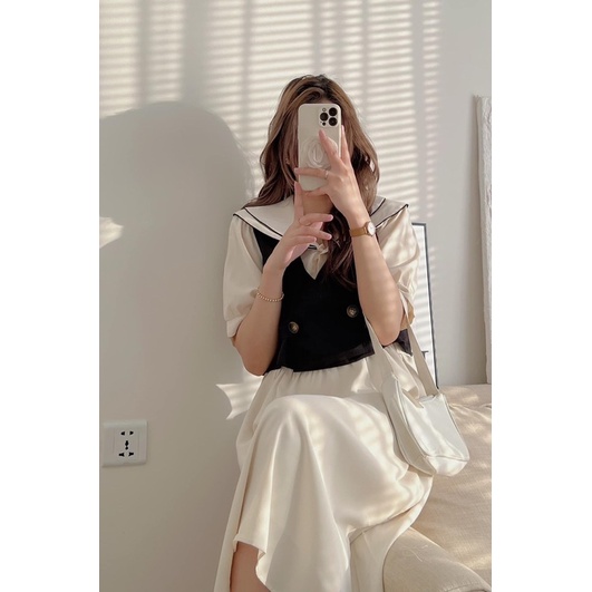 Sét váy babydoll cổ sen kèm áo gile (hình thật/sẵn)