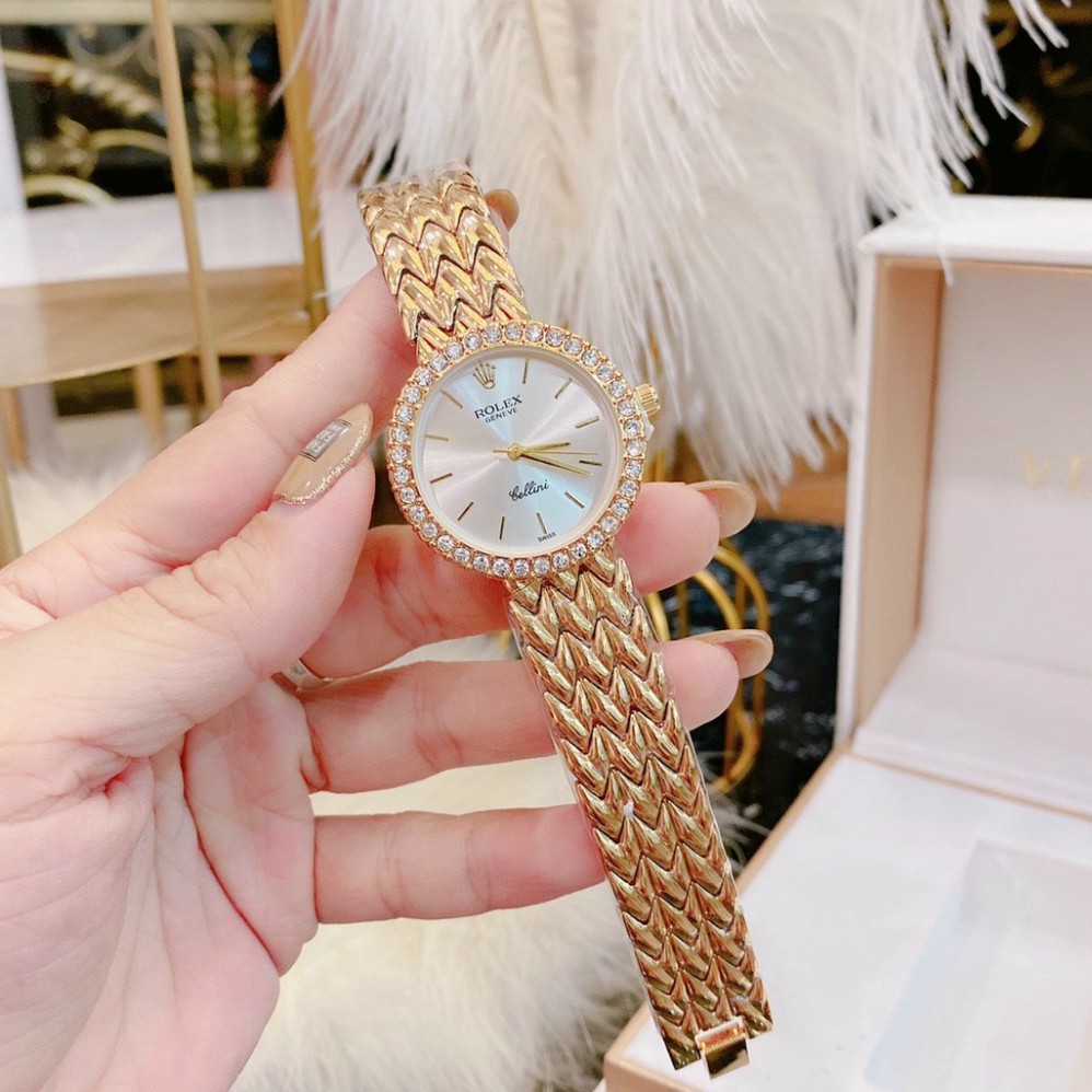 Đồng hồ thời trang nữ Rolex đeo tay dây thép không gỉ đính đá sang trọng dây kim loại mạ vàng chống nước chống xước