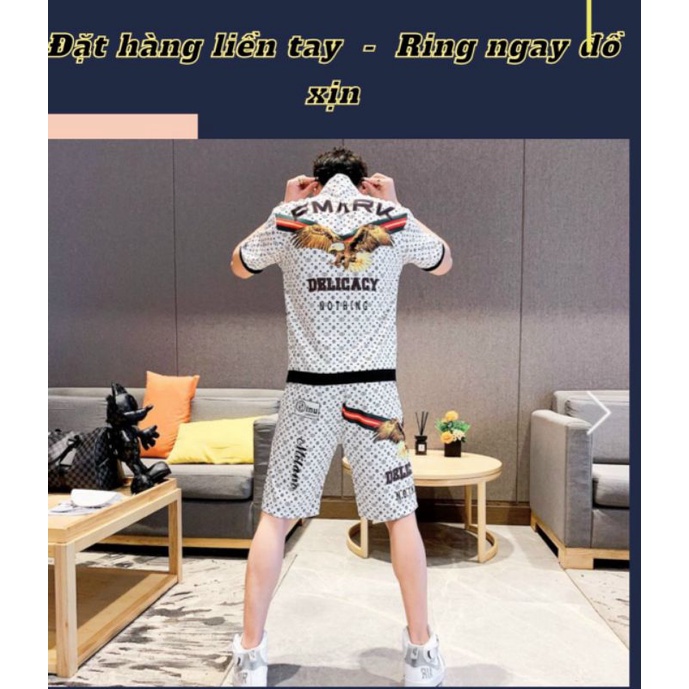 Bộ quần áo thể thao nam chất thun lạnh co giãn phối hoạ tiết thoáng mát ngày hè kiểu áo thun dây kéo quần short