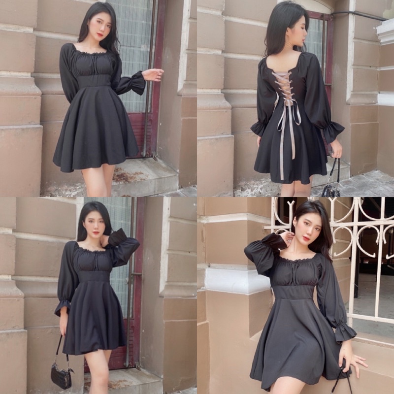 Đầm Đen tay dài LOWEN DRESS thiết kế độc lạ đan dây chéo sau lưng hở lưng quyến rũ