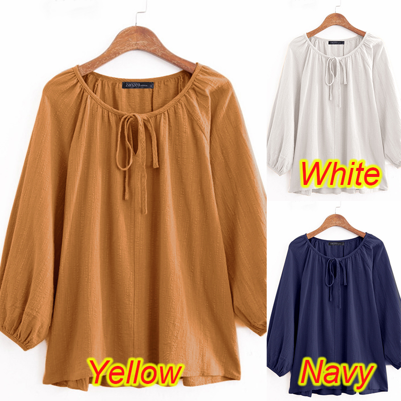 Áo Kiểu Zanzea Tay Phồng Cổ Tròn Rút Dây Màu Trơn Phong Cách Vintage Cho Phụ Nữ