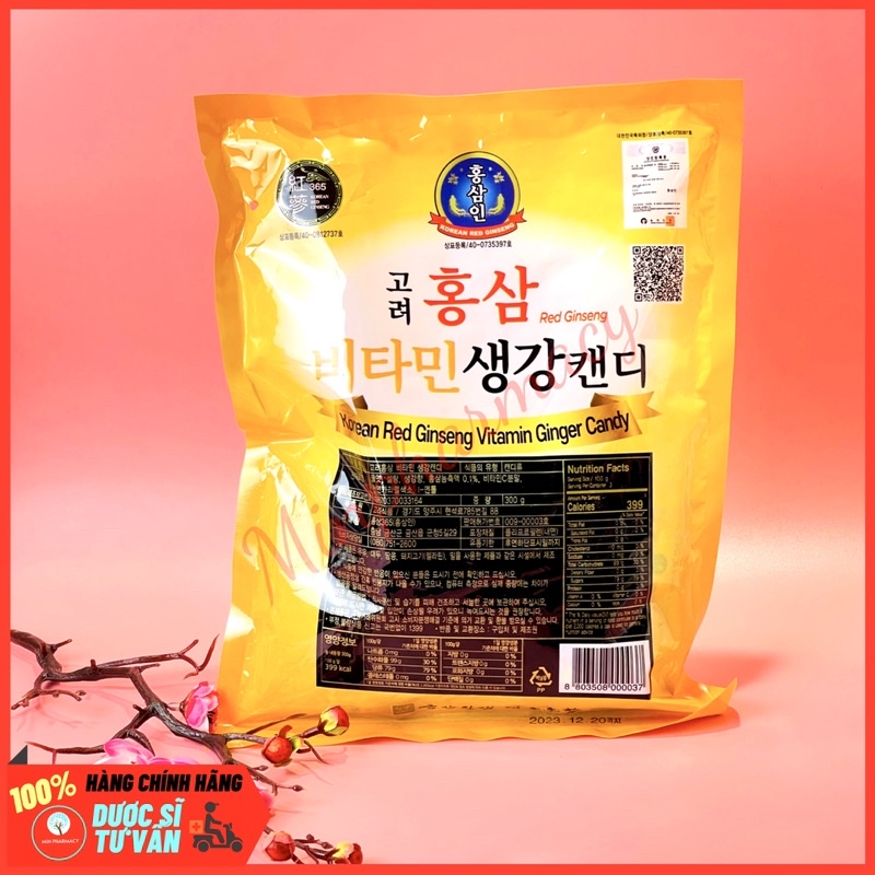 KẸO HỒNG SÂM Hàn Quốc Vitamin Vị Gừng Red Ginseng Ginger candy túi 300g - Minpharmacy