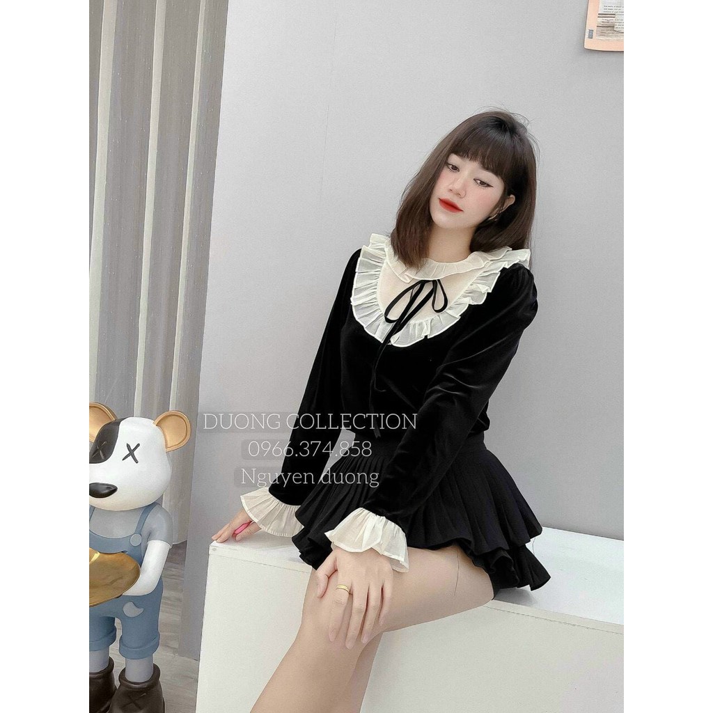 Áo nhung cổ bèo nơ cổ , tay áo bèo hàng đẹp