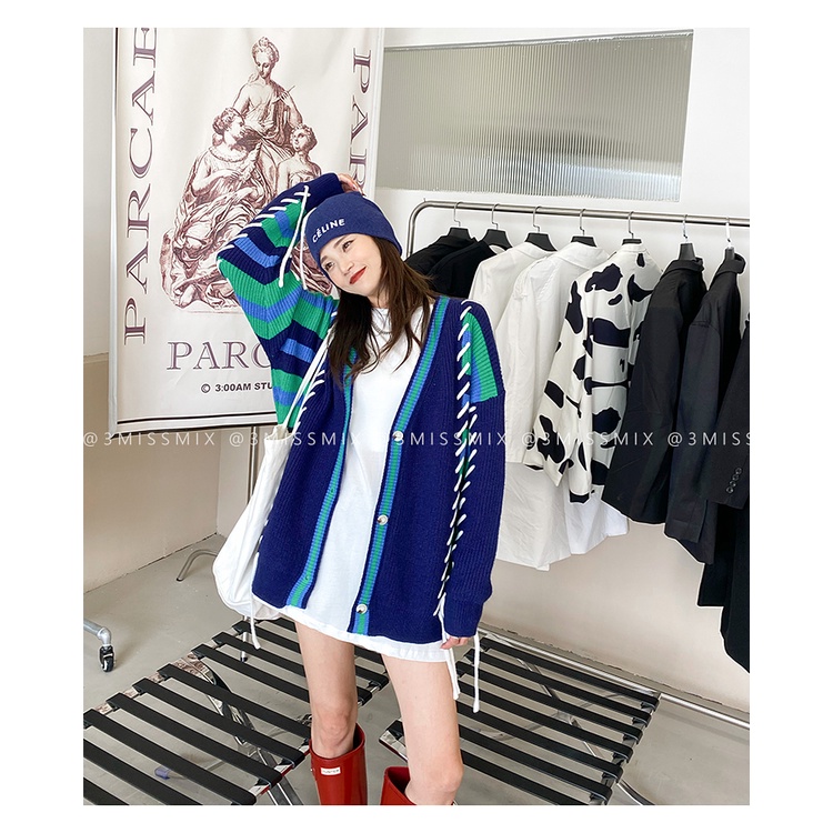Áo khoác cardigan cổ chữ V dáng rộng phối dây rút in màu thời trang thu đông Hàn Quốc cho nữ