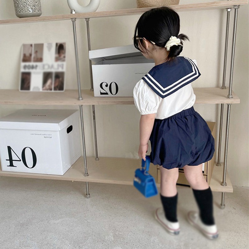 Se7en Bộ Áo Tay Phồng Đính Nơ + Quần Short Thời Trang Mùa Hè Hàn Quốc Cho Bé Gái