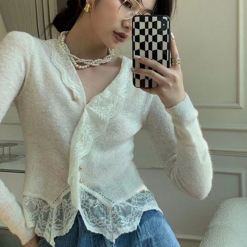 Áo Sweater Dệt Kim Mỏng Tay Dài Phối Ren Phong Cách Pháp Thời Trang Mùa Đông Mới Cho Nữ