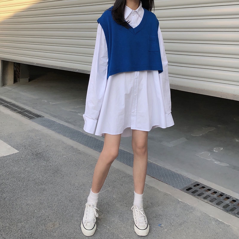 Áo sweater dệt kim sát nách cổ chữ V dáng rộng xẻ tà thời trang dành cho nữ