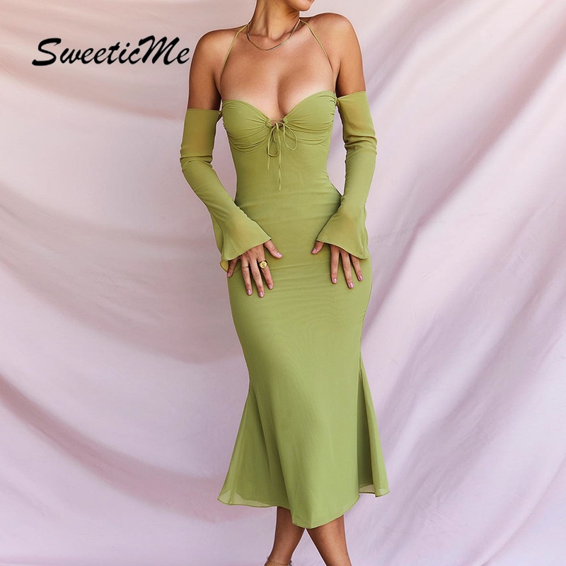 Đầm Voan Tay Dài Cổ Yếm Cột Dây Kiểu Dáng Mới Của SweeticMe Dành Cho Nữ
