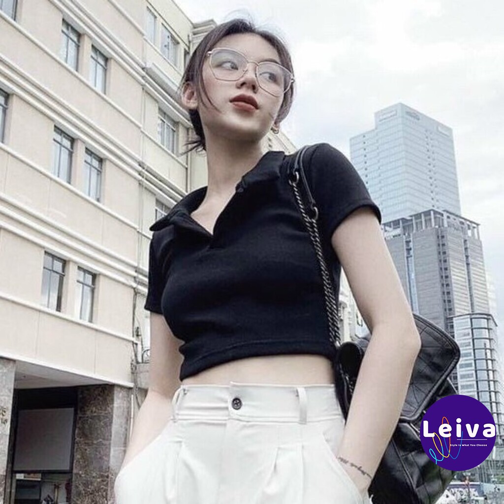Áo croptop nữ kiểu ôm có cổ tay ngắn, Áo polo nữ croptop crt Ulzzang crop top sơ mi phông thun cổ bẻ sexy cá tính đen | BigBuy360 - bigbuy360.vn