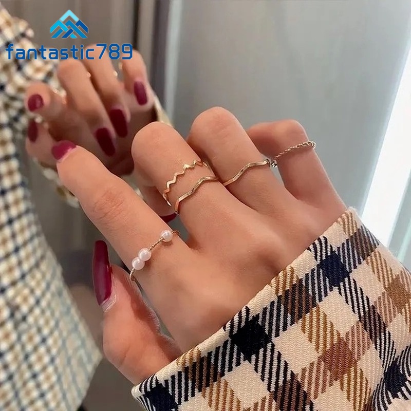 Set 5 nhẫn đeo đốt ngón tay đính ngọc trai giả thời trang cá tính cho nữ