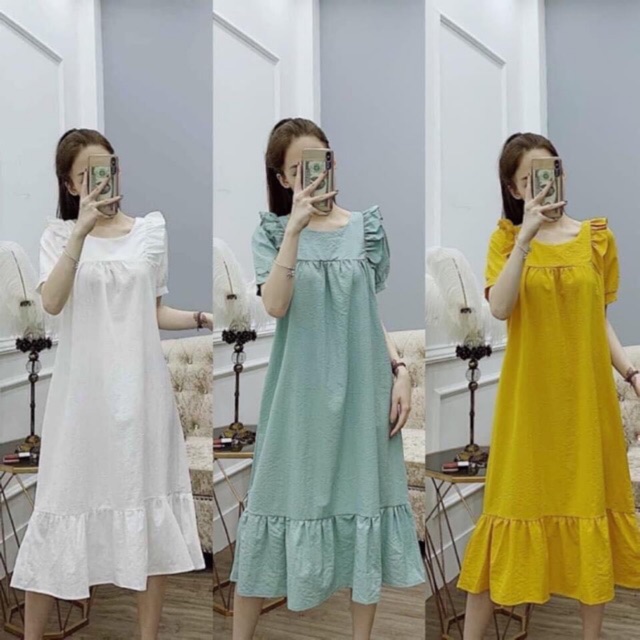 ( Ảnh thật + Video ) Váy maxi dáng suông tay viền bèo