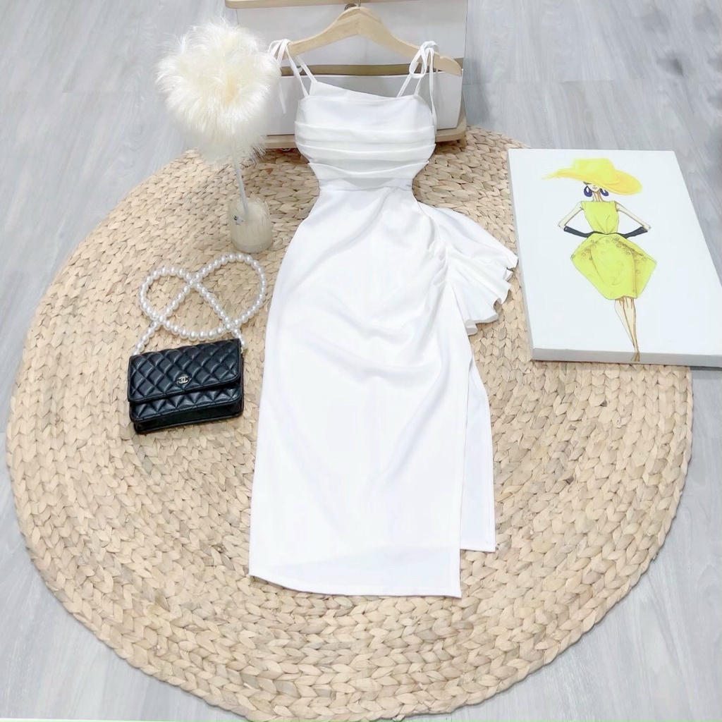 Đầm hai dây cột nơ xếp ly bèo hông cực sang chảnh đủ màu mẫu mới